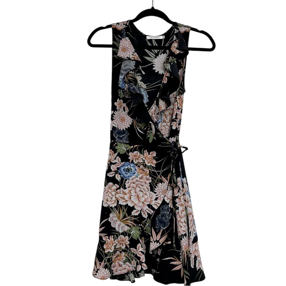 Hello Molly Black Peach Green Floral Mini Wrap Dress Sleeveless Ruffled Women 10